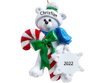 Ornement personnalisé d'ours polaire - Ours des Fêtes, Ours de Noël, Ornement animal, Père Noël - Cannes de bonbon - Personnalisation gratuite avec boîte-cadeau
