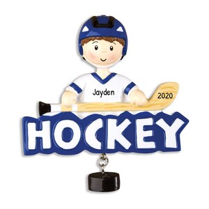 Boy Hockey Ornament, Hockey Stick Ornament, Hockey Puck, Hockey Player Ornament, Personalized Sport Ornament, Custom Ornaments, Kid Hockey