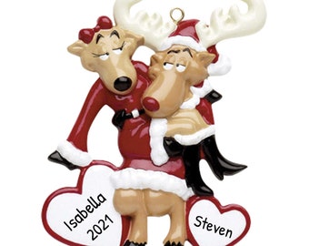 Personalized Christmas Ornaments For Couples - Santa Deer Couple Ornaments Reindeer Red Suit Ornament  - Free Customization