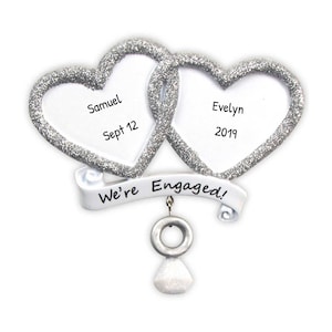 Personalized Engagement Ornament, We Are Engaged Diamond, Engagement Ring Silver Hearts, His And Hers Ornament, Married Ornament, Wedding