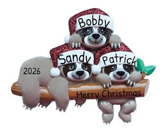 Personalized Family Christmas Ornament 2023 - Sloth Christmas Ornament Family of 3 Sloth Ornaments  - Free Customization