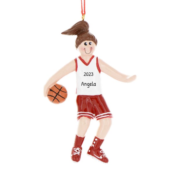 Personalized Basketball Ornament - NBA Basketball Decor, NCAA Basketball Keepsake - Brunette Female Red Shorts - Free Customization