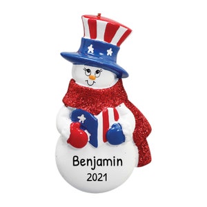 Patriotic Snowman Ornament, Personalized Patriotic Ornament, America Ornament, USA Ornament, Personalized Gifts, Holiday Decor, Holiday Gift