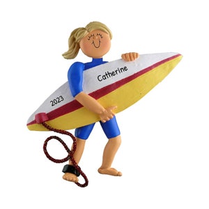 Girl Surfer Ornament, Personalized Surfboard Ornaments, Personalized Gift For Surfers, Girl Surfing Ornament, Blonde Surfer Girl, Custom image 1