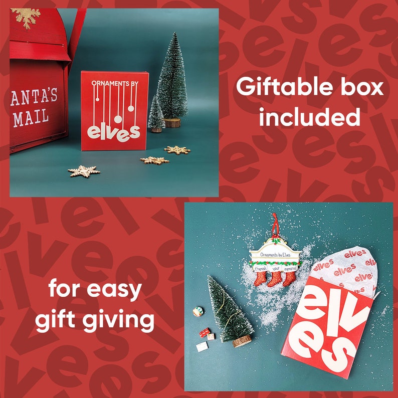 May include: A red box with the words "Ornaments by Elves" and a white elf design. The box is sitting on a green surface with a small pine tree and a red mailbox with the words "Anta's Mail". The text "Giftable box included" is in a white box on a red background with the word "elves" repeated in white.
