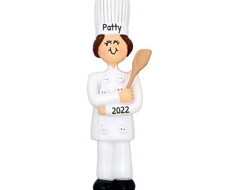 Personalized Chef Ornament - Baker Ornament, Cooking Ornaments, Food Ornaments - Brunette Female - Free Customization