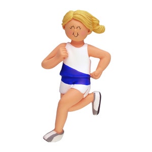 May include: A white and blue running outfit with a blue stripe across the chest. The figure is running with a happy expression.