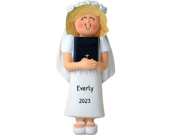 First Communion Ornament Girl, Gift for Girls, Bible Ornament, Blond Girl Ornament, Holy Day Remembrance, Christening Gift, Religious Girl