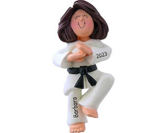 Personalized Martial Art Ornament- Karate Ornament, Taekwondo Decor, Jiu Jitsu Ornament - Brunette Female - Free Customization With Gift Box