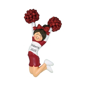 Personalized Cheerleader Christmas Ornament - Cheer Captain Ornament, Pom Pom Ornament - Brunette Girl Red Uniform - Free Customization