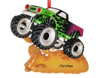 Personlig monstertruck-julprydnad, monstertruck till jul, monstertruck med gröna flammor, present till barn, julklapp
