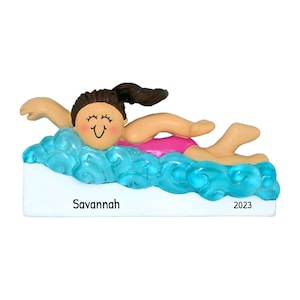 Personalized Swim Ornaments - Swimmer Ornament, Swim Coach Gifts, Swimming Pool Ornament - Brunette Swimmer Girl - Free Customization