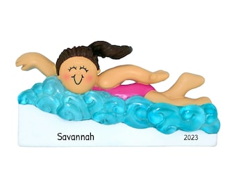 Personalized Swim Ornaments - Swimmer Ornament, Swim Coach Gifts, Swimming Pool Ornament - Brunette Swimmer Girl - Free Customization