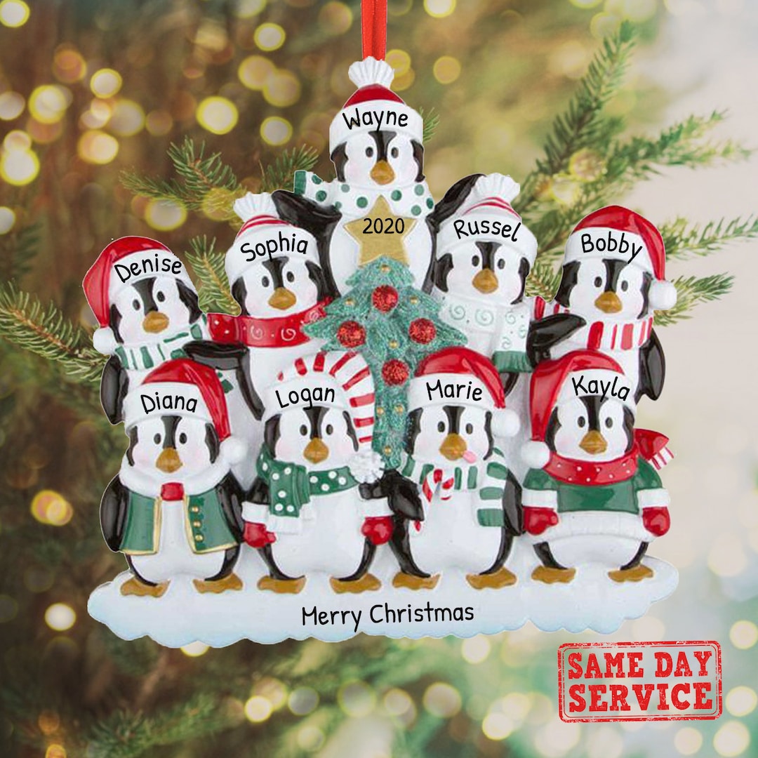 Personalized Family of 9 Christmas Ornament, Large Family of Penguins ...