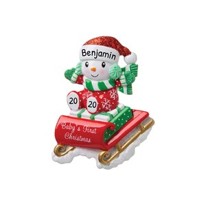 Personalized Babys First Christmas Ornament 2023 - Sled Baby First Christmas Ornament Red & Green - Free Customization