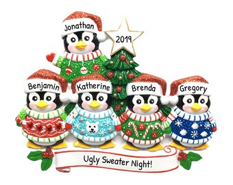 Personalized Family Ornament 2023 - Penguin Ornaments Family of 5 Penguin Ornament Ugly Sweater Ornaments - Free Customization