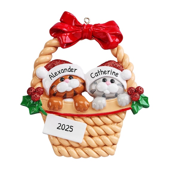 Christmas Kitty Couple Ornament, Cute Kitten Basket Ornament, Cat Couple Ornament, Cat Lovers Gift, Personalized Xmas, Cute Couple Ornament