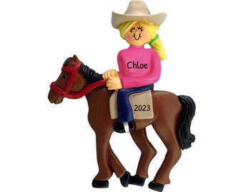 Adorno de equitación para niña, adorno personalizado, adornos ecuestres, niña con adorno de caballo, mujer rubia, adorno personalizado