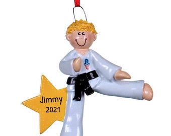 Personalized Karate Blond Male Ornament, Karate Christmas Ornament, Custom Martial Art Ornament, Gift for Karate Lover With Gift Box