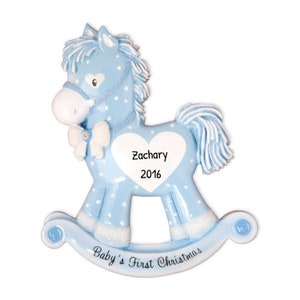 Personalized Babys First Christmas Ornament 2023 - Rocking Pony Baby Boy First Christmas Ornament Blue - Free Customization