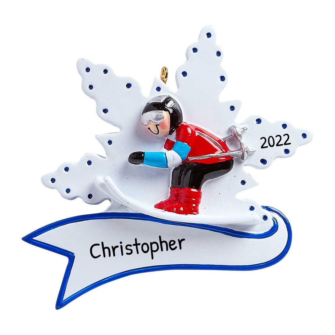 Personalized Skier Ornament, Boy Skier Figure Ornament, Skiing