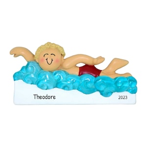 Personalized Swim Ornaments - Swimmer Ornament, Swim Coach Gifts, Swimming Pool Ornament - Blonde Swimmer Boy - Free Customization