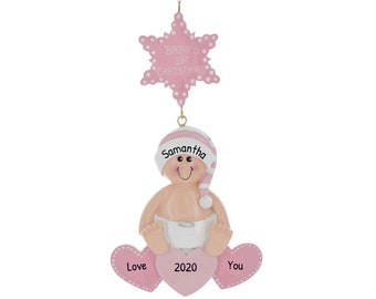 Personalized Babys First Christmas Ornament 2023 - Baby Girl Hearts Christmas Ornament 2023 Pink - Free Customization