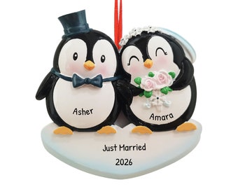 Adorno casado de pareja de pingüinos personalizado, adorno de pingüino de boda, adorno de señor y señora, adorno para él y ella, decoración de boda de pingüinos