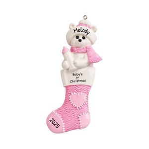 Personalisierte Babys erste Weihnachten Ornament - Eisbär Baby Mädchen Ornament rosa Strumpf Baby Ornament - freie Anpassung