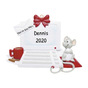 May include: White computer ornament with a red coffee cup, a red bow, and a gray mouse. The computer screen says "Dennis 2020" and the envelope says "You've Got Mail".