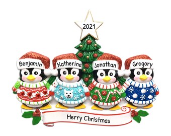 Personalized Family Ornament 2023 - Penguin Ornaments Family of 4 Penguin Ornament Ugly Sweater Ornaments - Free Customization