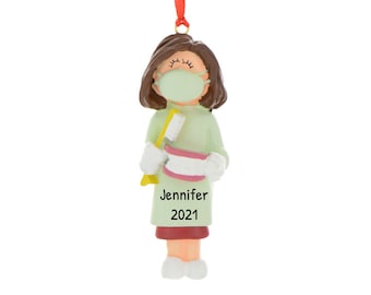 Personalized Dentist Ornament - Dental Assistant Gifts, Dental Hygienist Gifts - Brunette Female - Free Customization With Gift Box