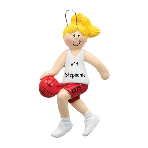 Personalized Basketball Ornament - NBA Basketball Decor, NCAA Basketball Keepsake - Blonde Female Red Shorts - Free Customization