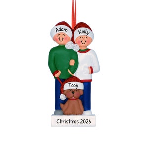 Personalized Christmas Ornaments For Couples - Smiling Couple with Dog Ornaments Dog with Couple Ornament - Free Customization with Gift Box