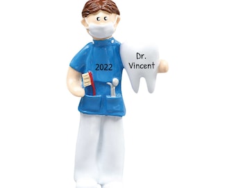 May include: A blue and white dentist ornament with a tooth and the text "Dr. Vincent 2022".
