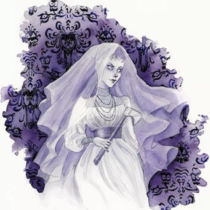 May include: Watercolor illustration of a ghostly bride in a white dress and veil, holding a cane. The background features a purple and black pattern with spooky faces, creating a haunting aesthetic. The artwork has a vintage, gothic theme.