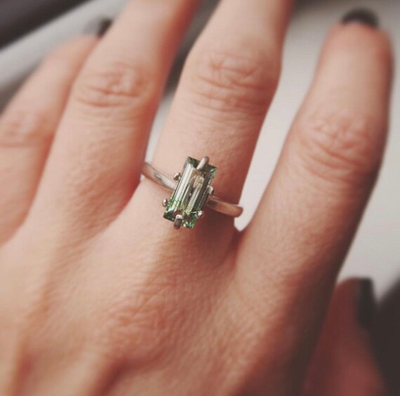 Green Gemstone Ring Tourmaline Baugette Gem Stone Rings Sterling