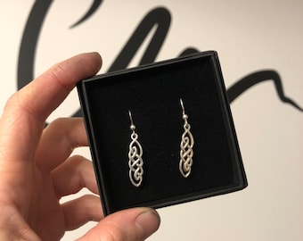 Celtic pattern sterling silver drop earrings