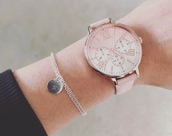 925 Sterling Silver Stamped Initial Letter Bracelet, Chain Bracelets with Personalised Round Disc Charm