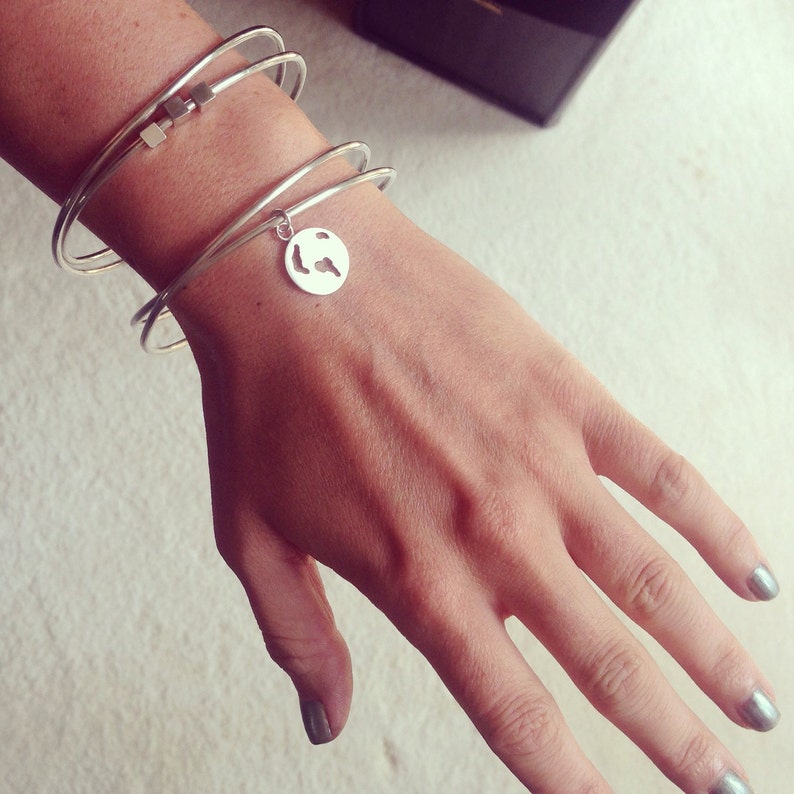 May include: A silver bangle bracelet with three bands and a small globe charm.