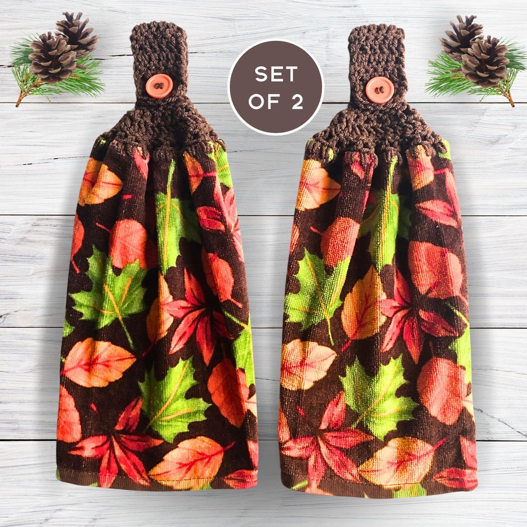 Fall Autumn Kitchen Towel Cotton Crochet Top Hanging Towel Set of 2 ...