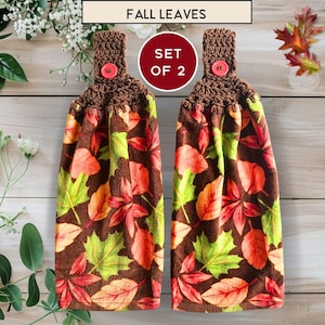 Fall Leaves Kitchen Towels, Set of 2 Crochet Top Hanging Towel, Oven Door Towels, Autumn Decor, Mushroom Towels, Housewarming Gift