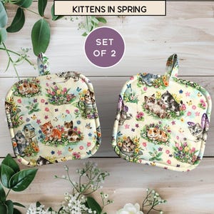 Cat Pot Holders, Kittens in Spring, Set of 2 Potholders, Kitchen Decor Gift