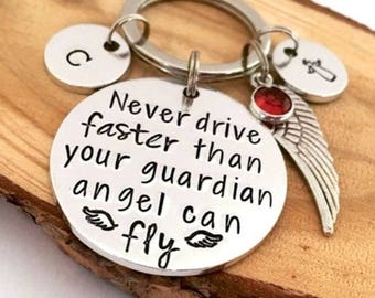 Drive Safe Keychain, Driving Test Keyring, New Drivers License, Never Drive Faster Than Your Guardian Angel Can Fly, 17th Birthday Gifts