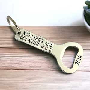Traditional 10th Wedding Anniversary Gift, Personalised Aluminium Bottle Opener, X10 Year and Counting, Personalized