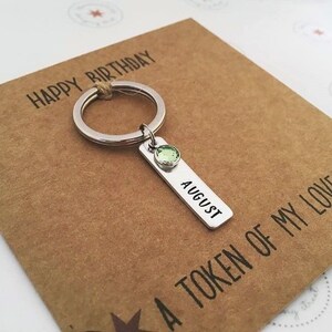 August Birthday Card, Peridot Birthstone Keyring, Hand Stamped Keyring, Birthday Cards for Her, Mum Birthday Card, Grandmother Birthday Card