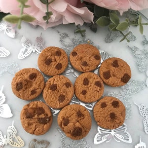 May include: Eight chocolate chip cookies on a silver tray with a glittery surface. The cookies are brown with chocolate chips and are arranged in a circle.