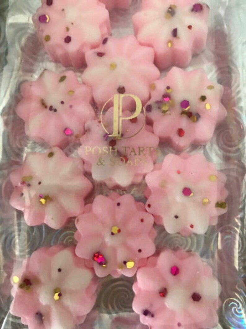 K&ouml;nnte beinhalten: Neun rosa und wei&szlig;e Wachsschmelzen in Bl&uuml;tenform mit goldenem und rotem Glitzer. Die Wachsschmelzen sind in einem durchsichtigen Plastikbeh&auml;lter angeordnet. Der Beh&auml;lter tr&auml;gt den Aufdruck "POSH TARTS & SOAPS".