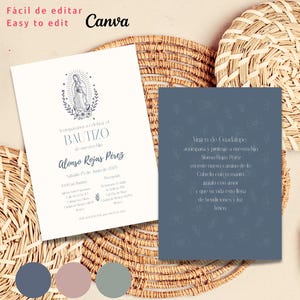 Convite de Batismo para Imprimir e Digital – Nossa Senhora de Guadalupe – Canva Editável – Somente em Espanhol + 3 Cores Inclusas: Rosa, Azul e Verde