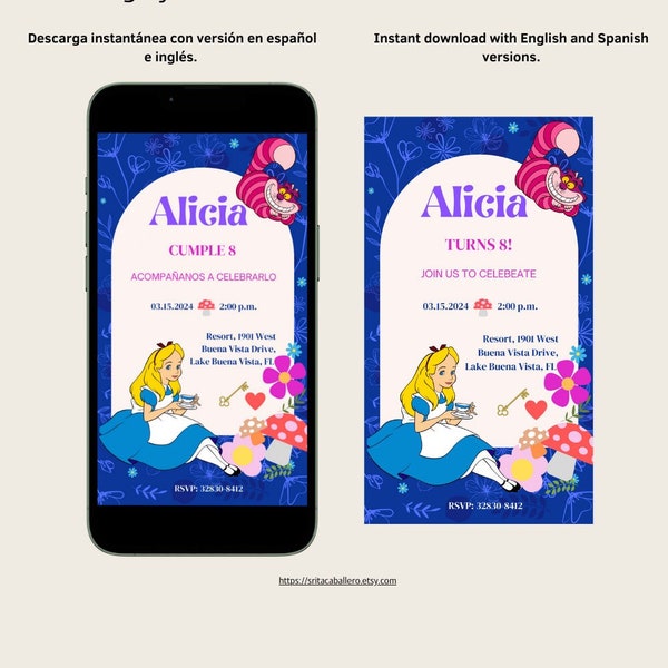 Modèle d'invitation modifiable d'Alice au pays des merveilles sur Canva / Plantilla